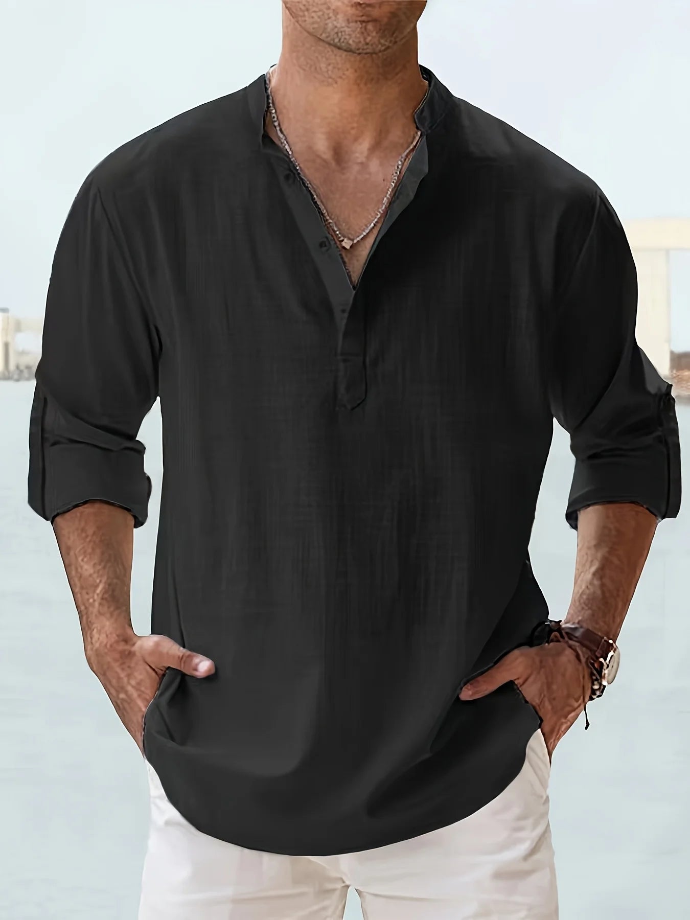 Men's Linen Stand Collar Long Sleeve T-Shirt Loose Fit; Solid Color Long Sleeve Cotton Linen Shirt
