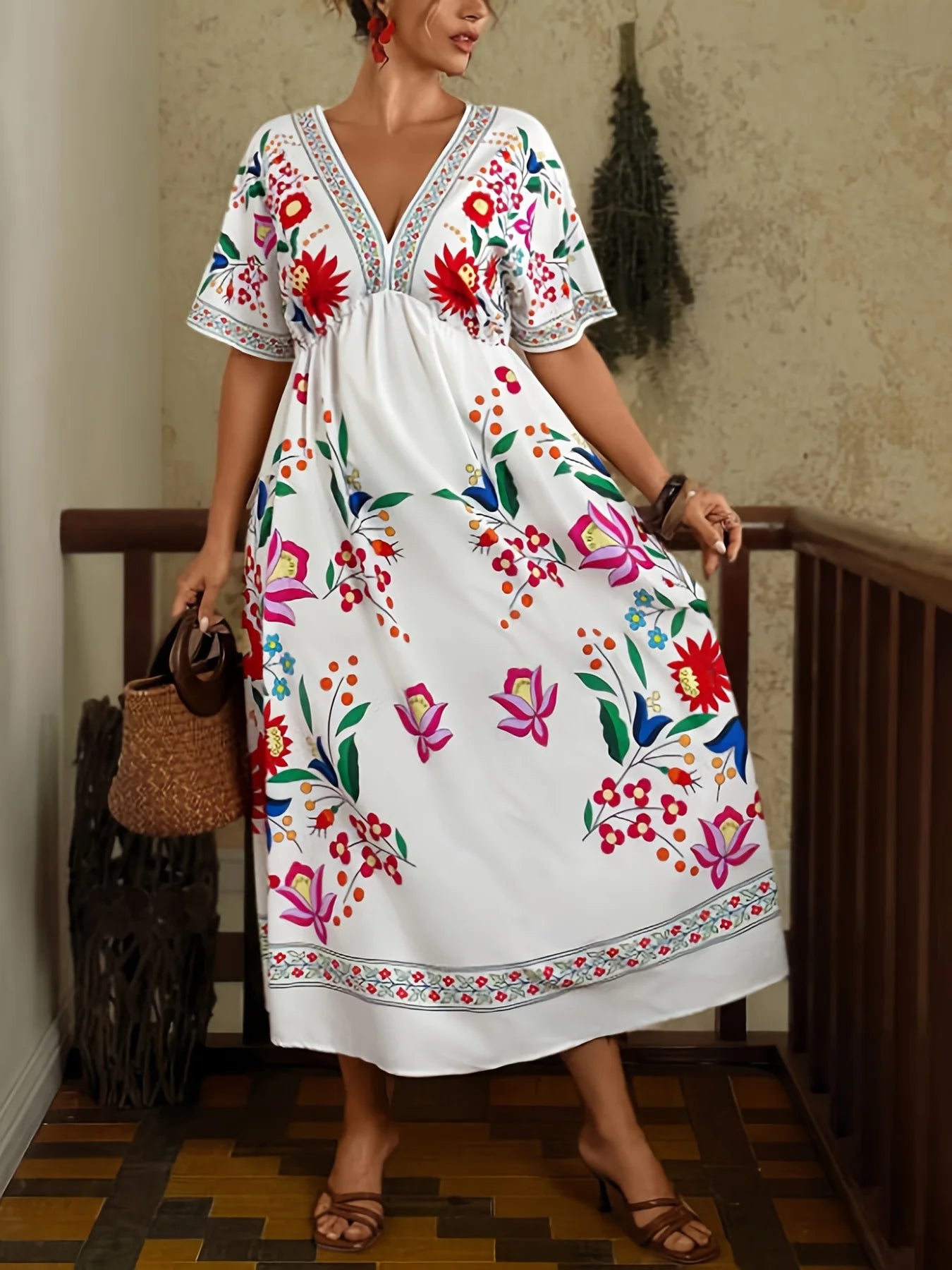 Elegant Bohemian Maxi Dress V-Neck Floral Print Spring Summer Women's plus Size Casual Vacation Commute Dress