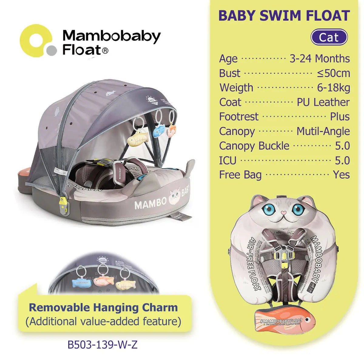 Mambobaby Pool Float With Safety Belt Non Inflatable Canopy Baby