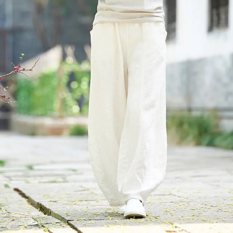 Women's Cotton Linen Vintage Wide Leg Pants With Elastic Waist Full Length