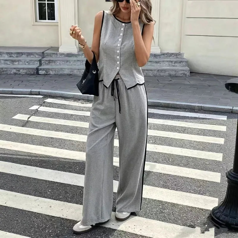 Women's Contrast Sleeveless Button Vest & Drawstring Wide Leg Pants 2-Piece Set Summer Elegant Casual Streetwear Loose Suit
