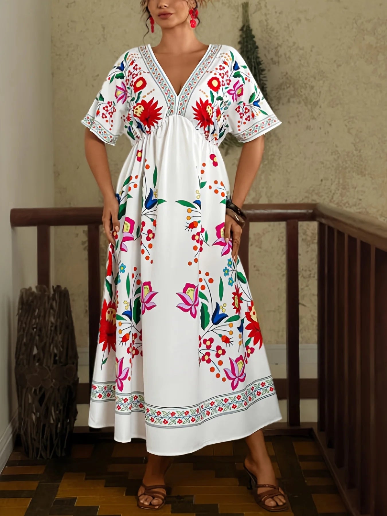 Elegant Bohemian Maxi Dress V-Neck Floral Print Spring Summer Women's plus Size Casual Vacation Commute Dress