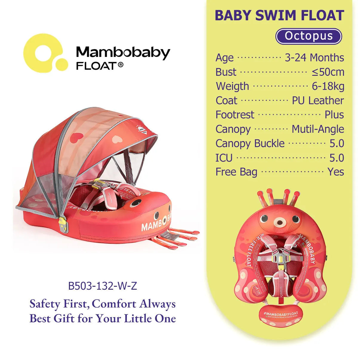 Mambobaby Pool Float With Safety Belt Non Inflatable Canopy Baby