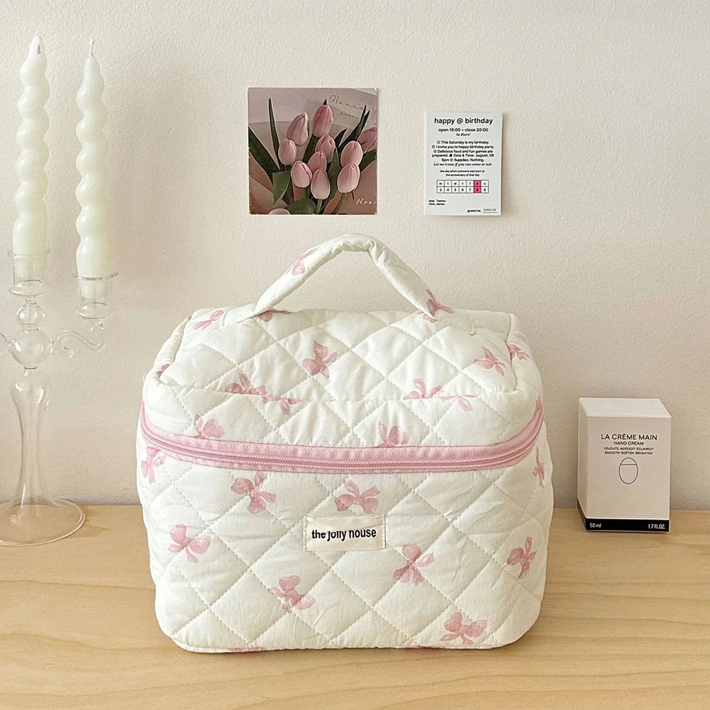 Cute Bow Toiletry Bag with Zipper Makeup Organizer Storage Bag Cotton Quilted Cosmetic Organizer Case for Women and Girls