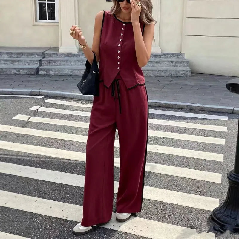 Women's Contrast Sleeveless Button Vest & Drawstring Wide Leg Pants 2-Piece Set Summer Elegant Casual Streetwear Loose Suit