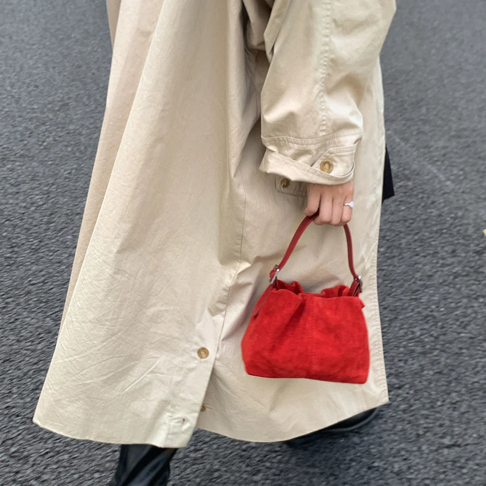 Women Faux Suede Crossbody Bag with Adjustable Strap Drawstring Top Handle Bag Shoulder Handbags for Travel Winter Fall