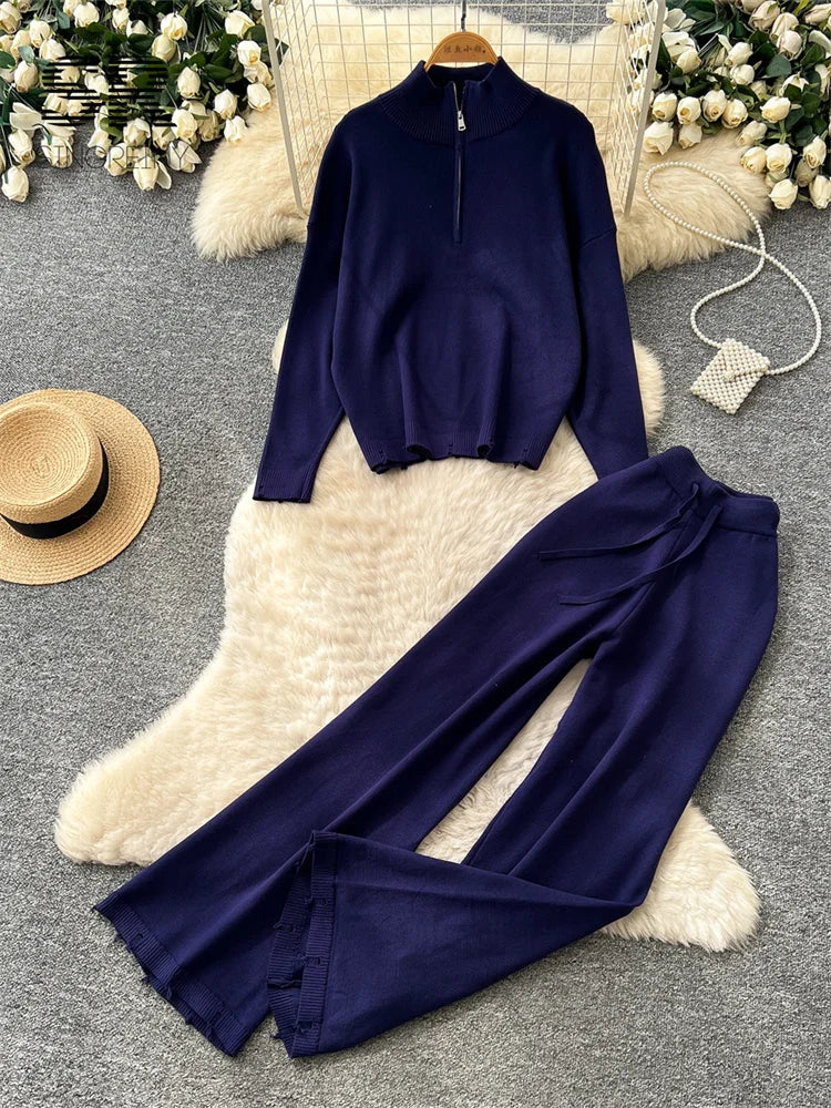 SINGREINY Minimalist Autumn Casual Suits Female Zipper Sweater+Drawstring Wide Leg Pants Hole Loose Daily Commute Lazy 2pcs Sets