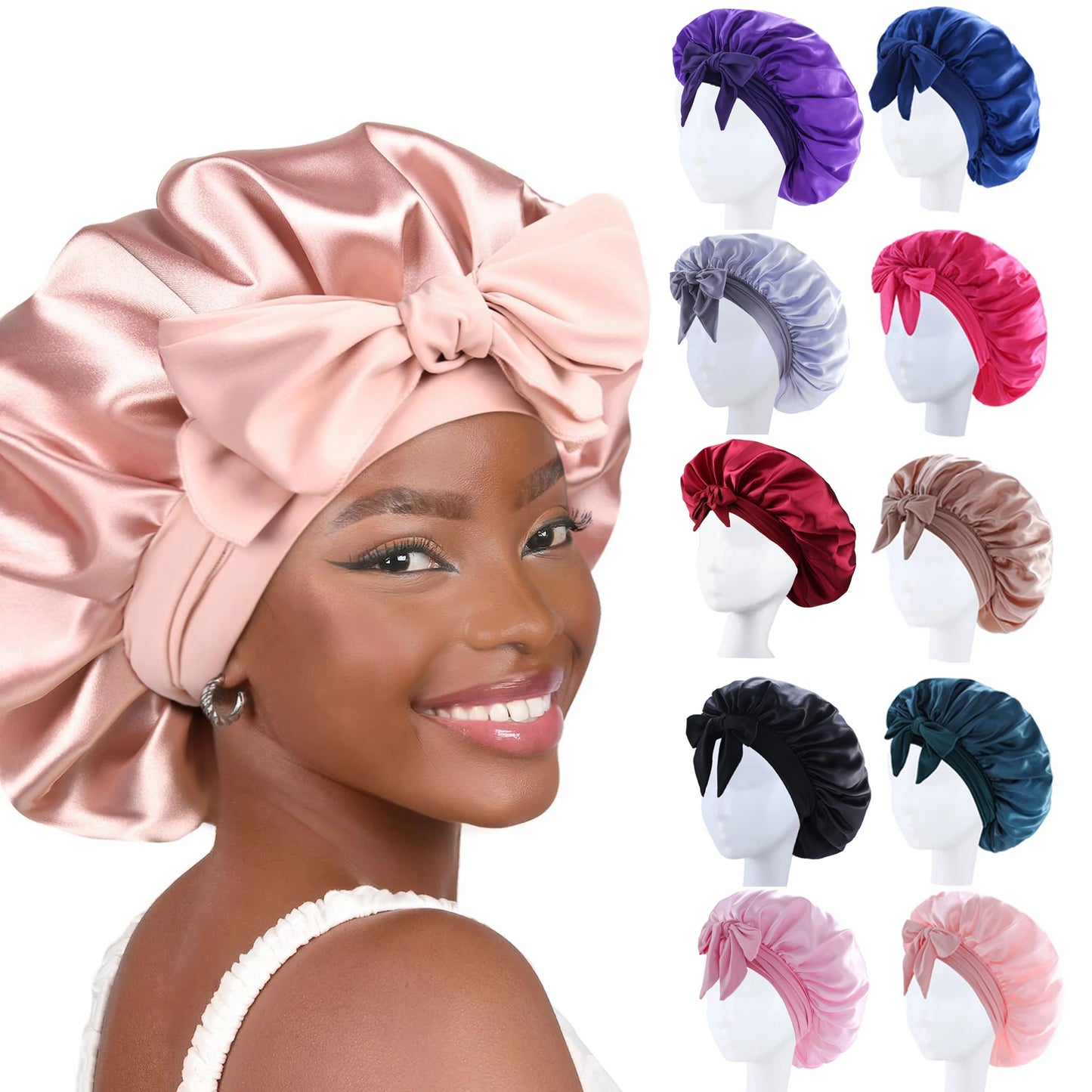 New Silky Bonnet For Sleeping Women Satin Bonnet Hair Bonnet Night Sleep Cap Scarf Wrap For Curly Hair Tie Band For CurlyHat