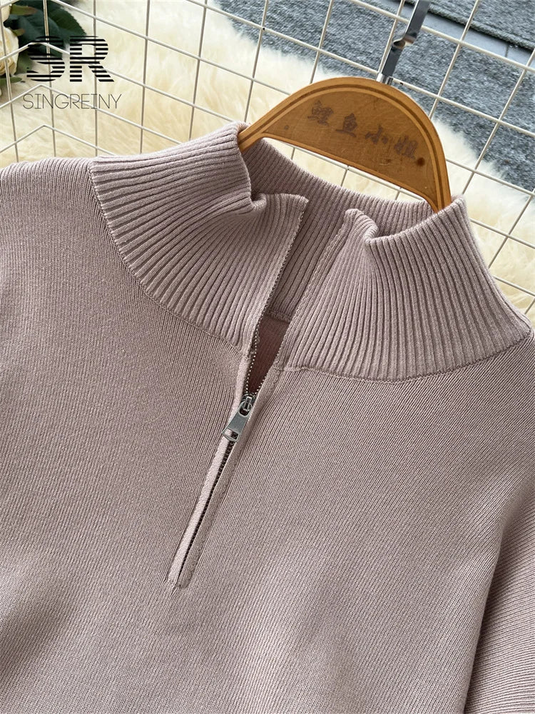 SINGREINY Minimalist Autumn Casual Suits Female Zipper Sweater+Drawstring Wide Leg Pants Hole Loose Daily Commute Lazy 2pcs Sets