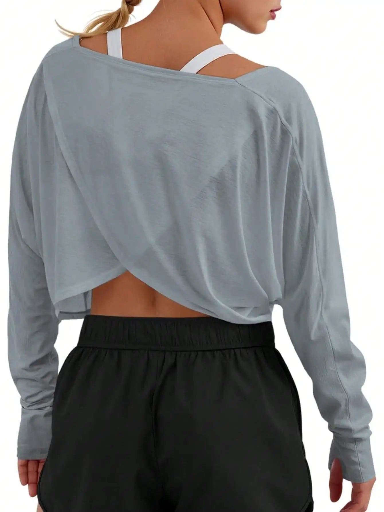 Fisoew Crossover Back Long Sleeve Workout Top, Women's Cropped Long Sleeve Gym Shirt With Thumb Holes, Athletic Yoga Tee