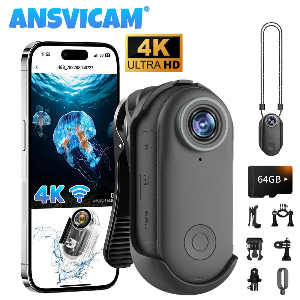 ANSVICAM 4K Mini HD WiFi Action Camera Waterproof Magnetic Clip Click Chest Body Motorcycle POV Wearable Thumb Video Vlog Camera