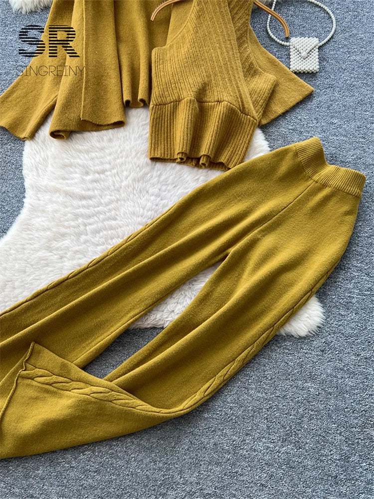 SINGREINY Autumn Chic Edgy Pants Sets Lapel Simple Cardigan+Halter Backless Tank Top+Long Pant 2026 Women Lazy Workwear 3pcs Set