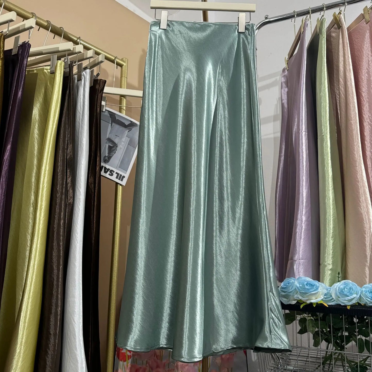 Glossy Satin Midi Skirt Women Elegant Quiet Luxury Basic Elastic-Waist Skirt