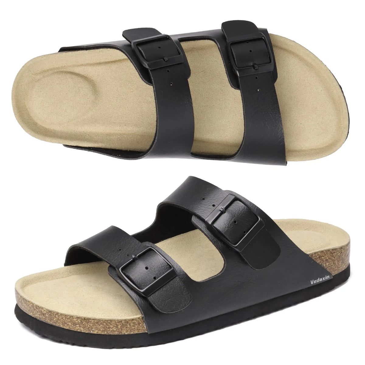 Womens Double Buckle Slide Sandals With Cork Footbed For Indoor Outdoor Wear