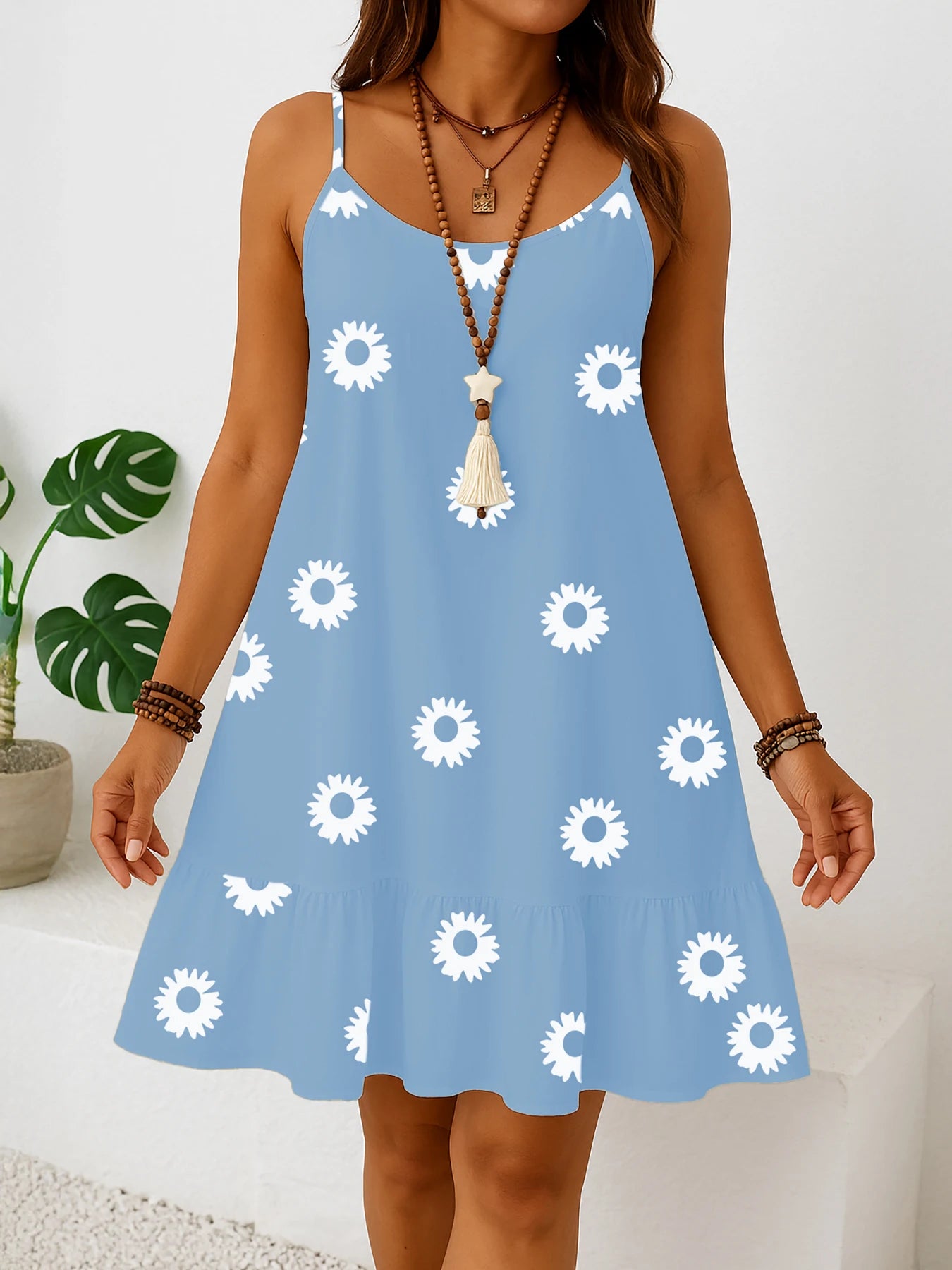 Plus size women’s sleeveless floral print dress, solid color sun dress with ruffled hem, casual summer fashion, lightweight and