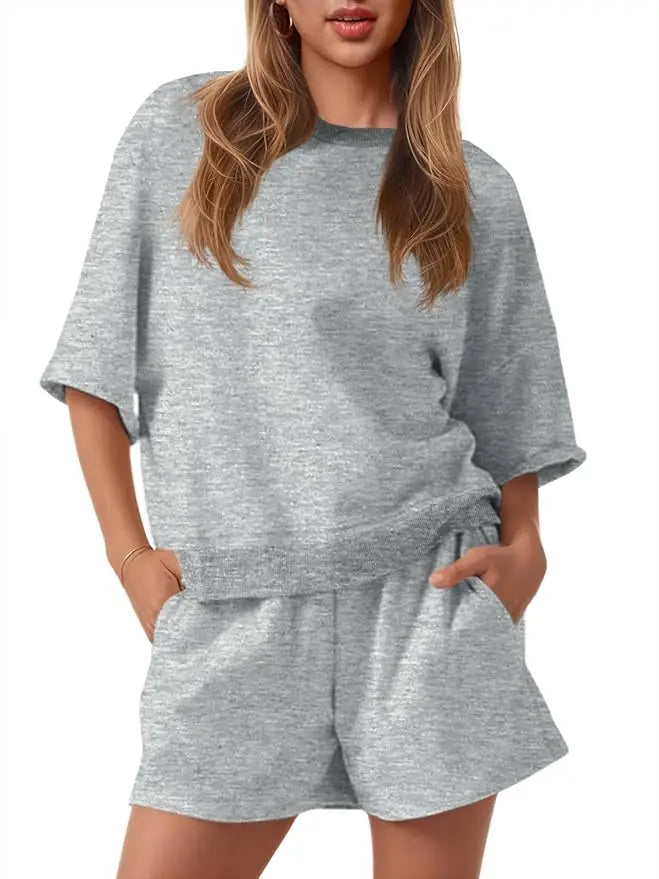 Fisoew Women's High Waist Running Shorts Set Cropped Sweatshirt