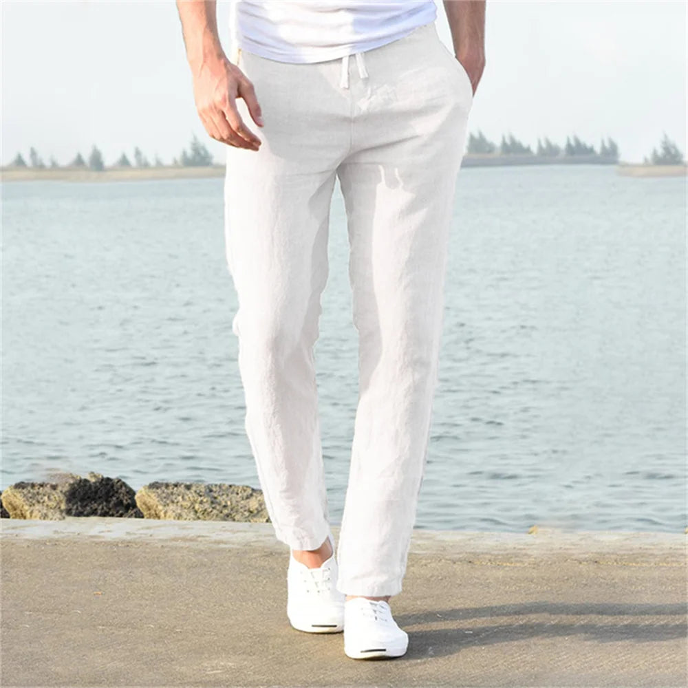Men's Cotton Linen Casual Pants Baggy Streetwear Men Joggers Sports Trousers Solid Color Long Straight Trendy Pants for Men