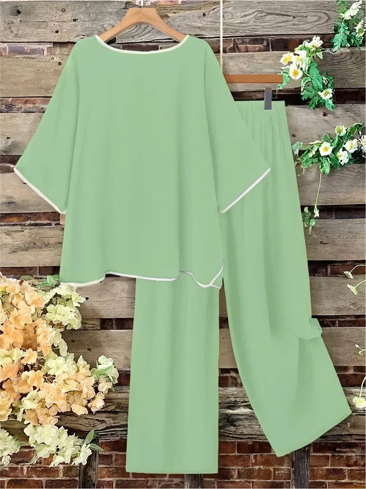 Plus Size Women Casual Fashion Set Loose Comfortable Open Split Half Sleeve Top Wide Pants Long Pant Two Piece Outfit Pajama Set