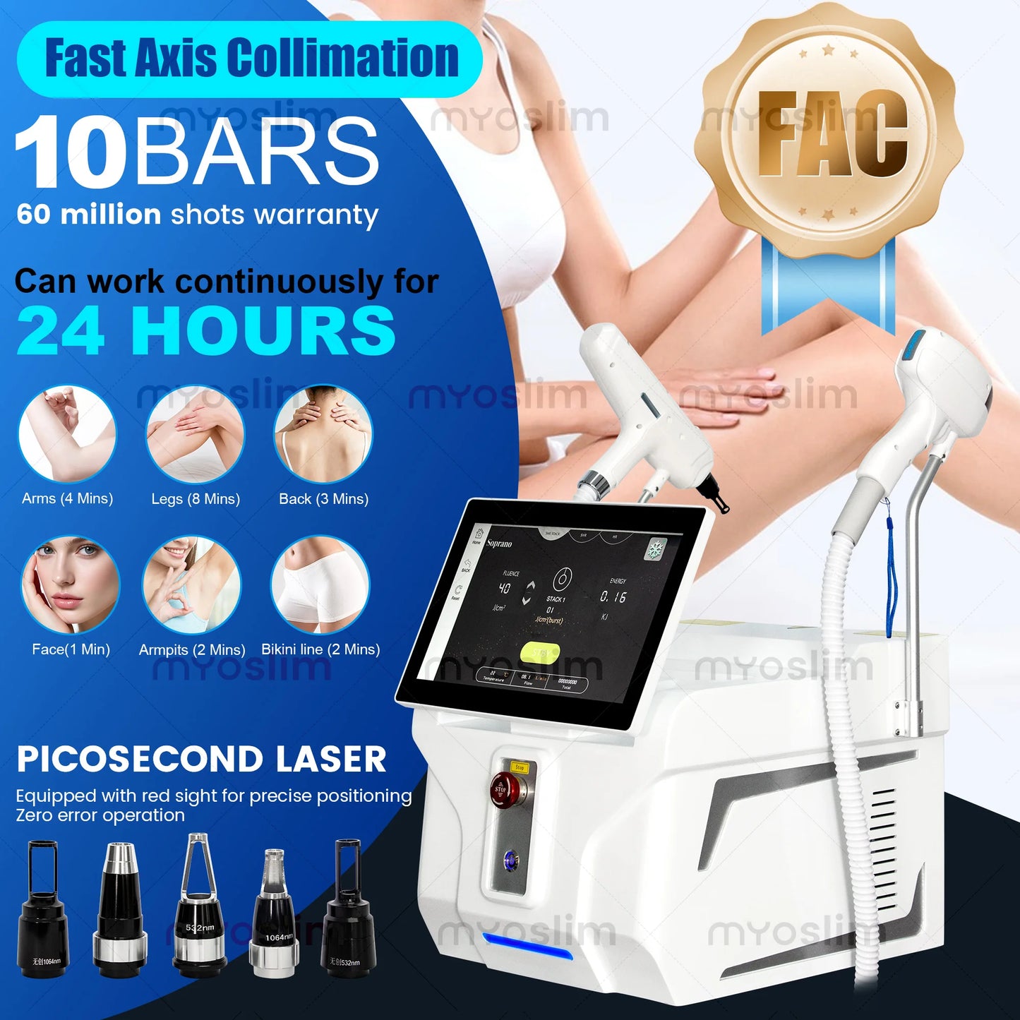 Myoslim 5000W FAC 4 Wavelength 755 808 940 1064Nm 2 In 1 Diode Lase Picosecond Hair Removal Tattoo Removal Beauty Equipment