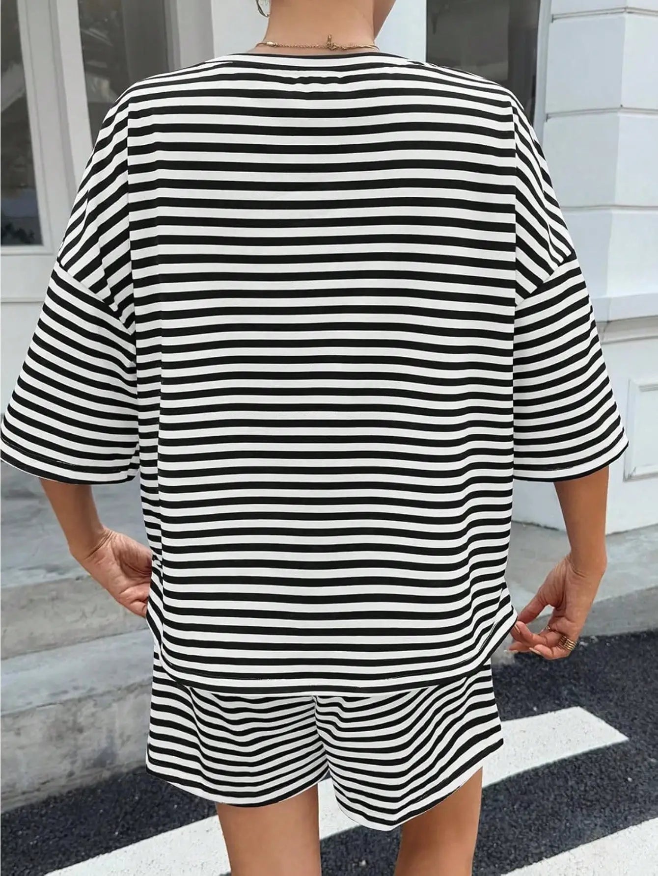 Fisoew Striped Athleisure 2 Piece Lounge Set With High Waisted Shorts