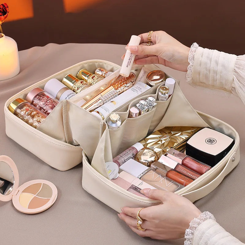 Travel Cosmetic Bag With Dividers And Flat Open Toiletry Organizer