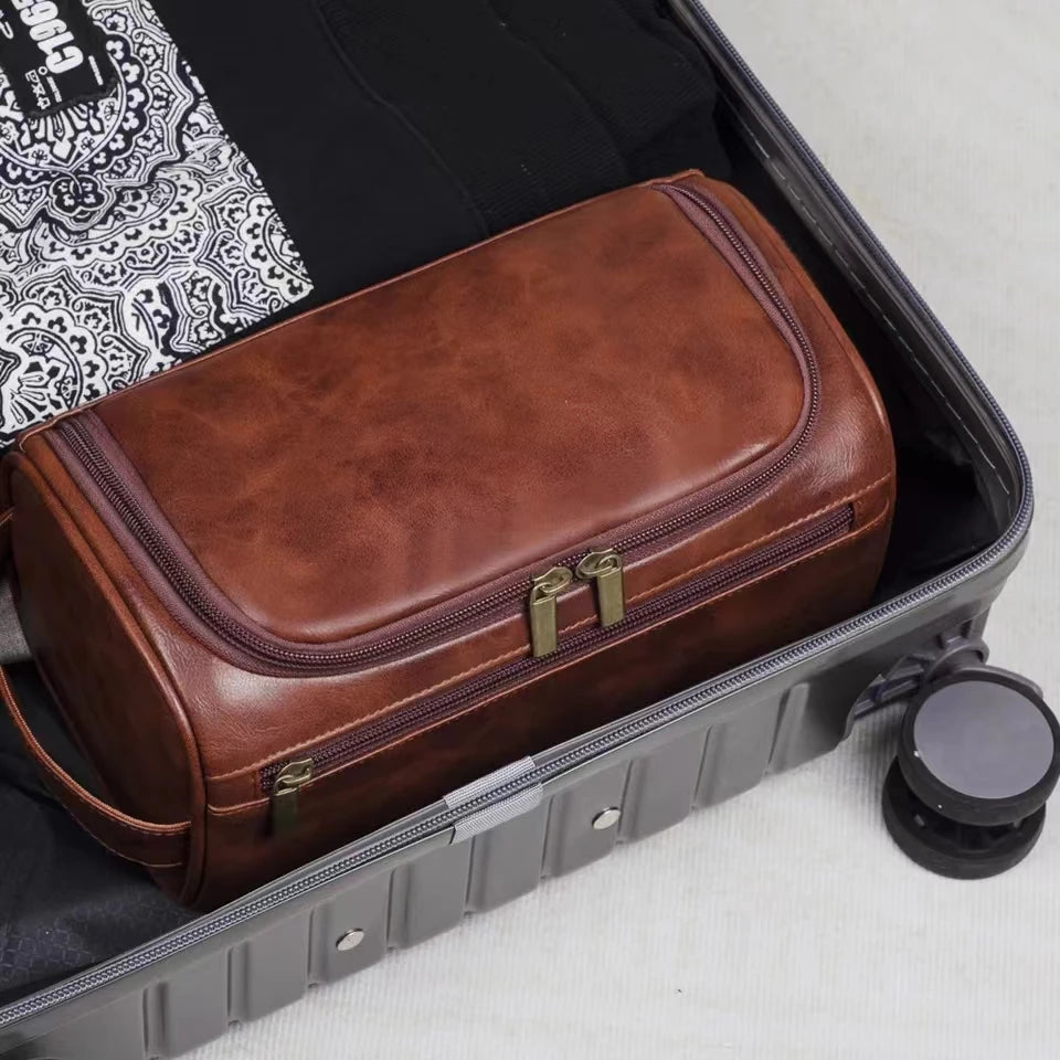 Men Women Leather Hanging Toiletry Bag Travel Cosmetic Storage Organizer
