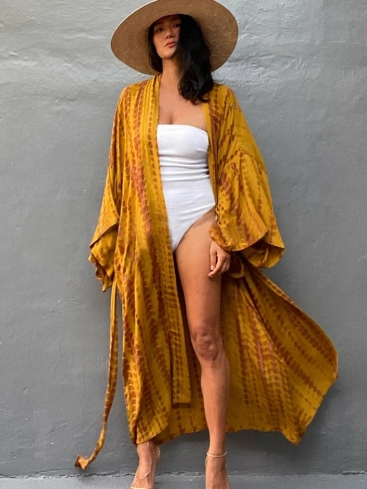 Boho Tie Dye Bikini Cover Up Kimono Cape Beach Dress