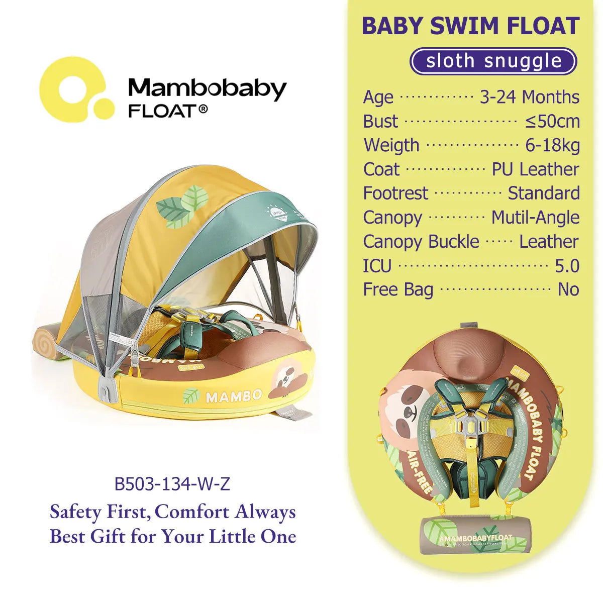 Mambobaby Pool Float With Safety Belt Non Inflatable Canopy Baby