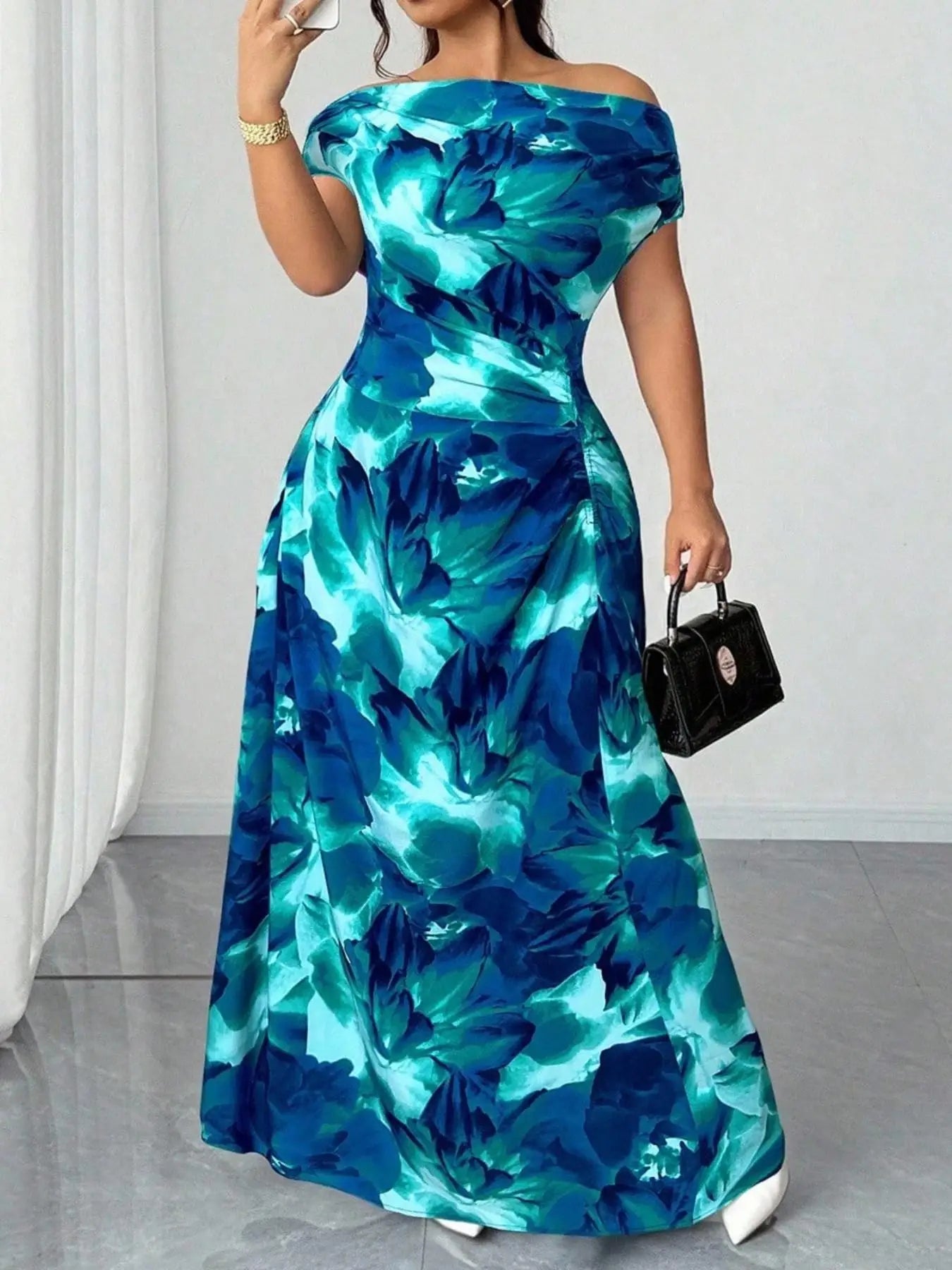 Plus Size One-Shoulder Dress, Bold All-Over Print, Fitted Waist Pleated Satin Midi, Elegant Party Evening Gown, Sleeveless