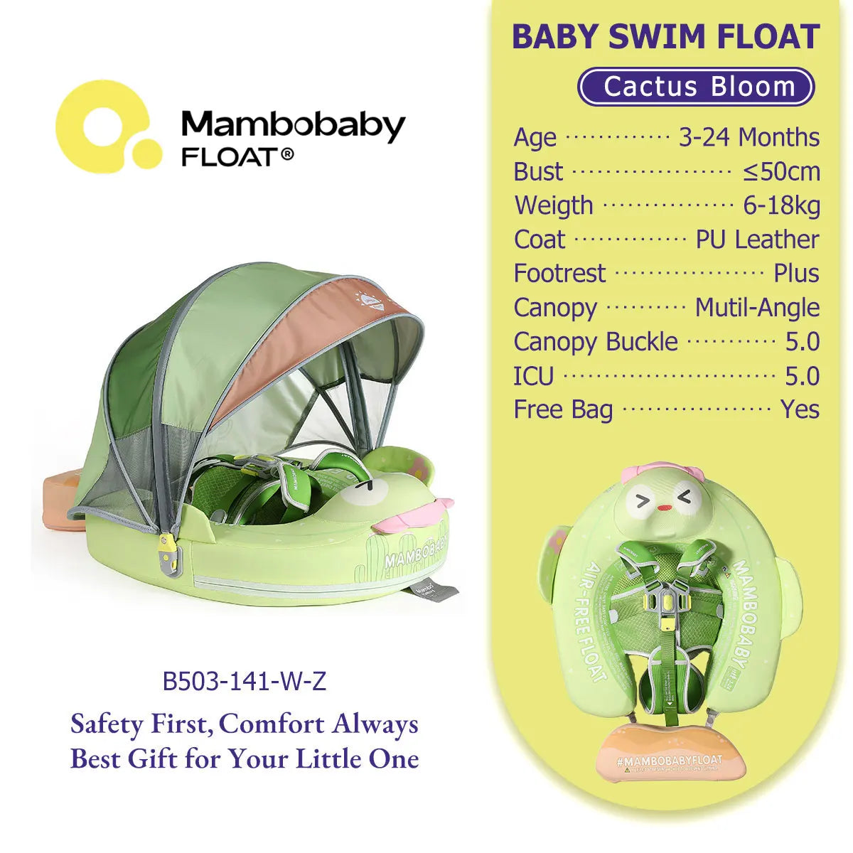 Mambobaby Pool Float With Safety Belt Non Inflatable Canopy Baby
