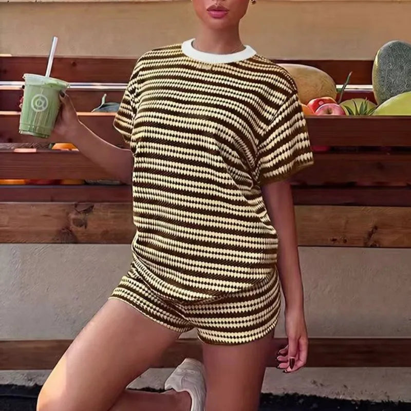 Women's Striped Shorts Set Summer Casual Short Sleeve Knit Top Lounge Wear 2 Piece Set Female Fashion Streetwear Suit